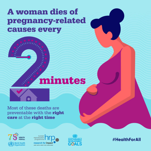 An image from #healthforall saying a woman dies of pregnancy related causes every 2 minutes